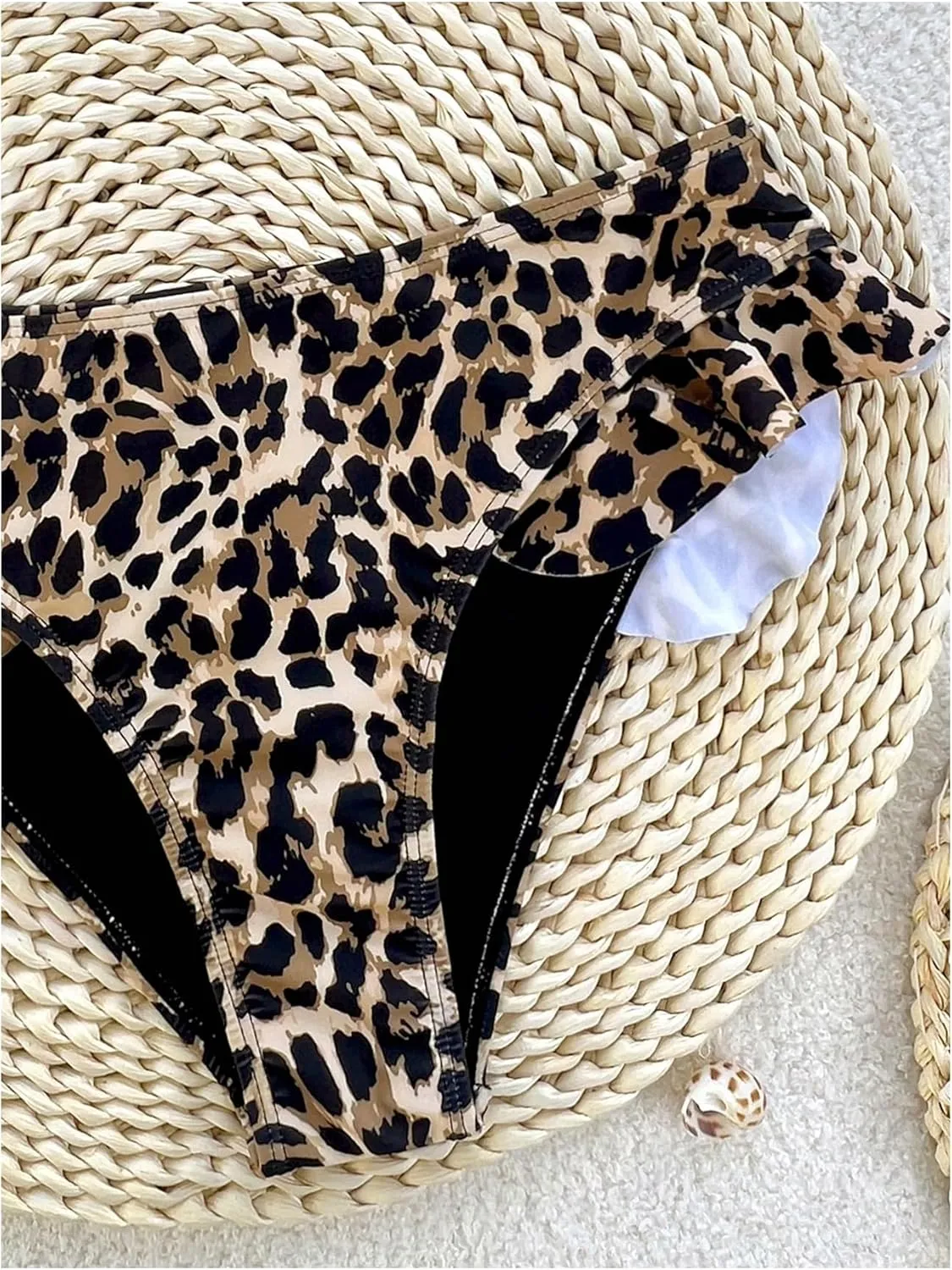 Women's Leopard Bikini Bottom Y2k Cheetah Ruffle Low Rise Bathing Suit Beach Bottoms