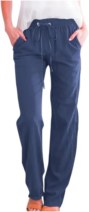 Womens Linen Pants Casual Summer Elastic Waist Plus Size Solid Drawstring Lounge Long Trousers with Pockets