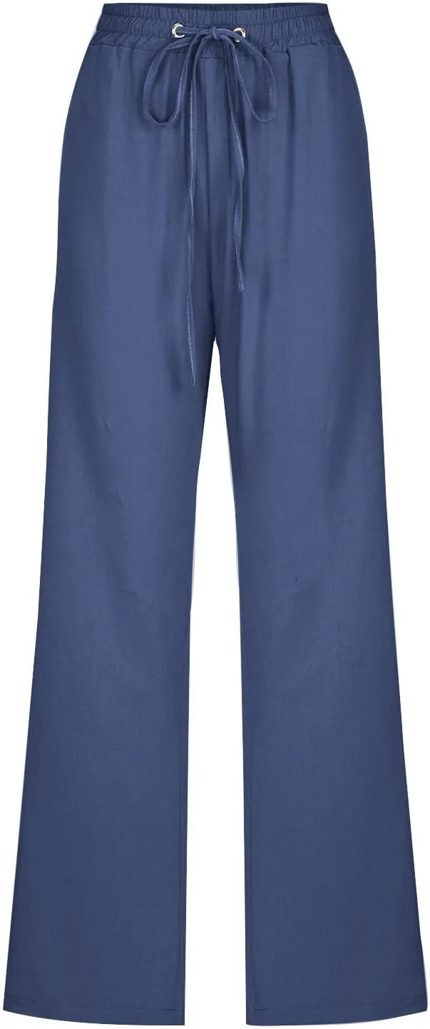Womens Linen Pants Casual Summer Elastic Waist Plus Size Solid Drawstring Lounge Long Trousers with Pockets