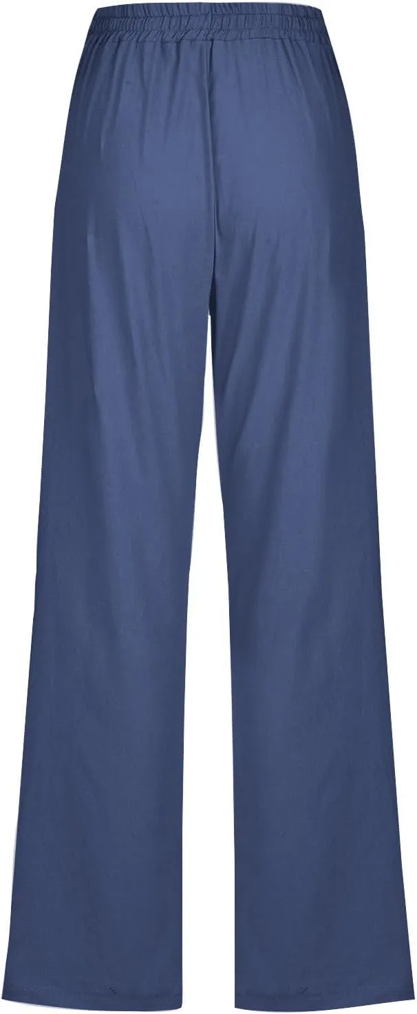 Womens Linen Pants Casual Summer Elastic Waist Plus Size Solid Drawstring Lounge Long Trousers with Pockets