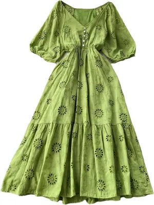 Women's Long Dress Classic Embroidery V-Neck Hollow-Out Solid Buttons Decoration Slim Vestidos