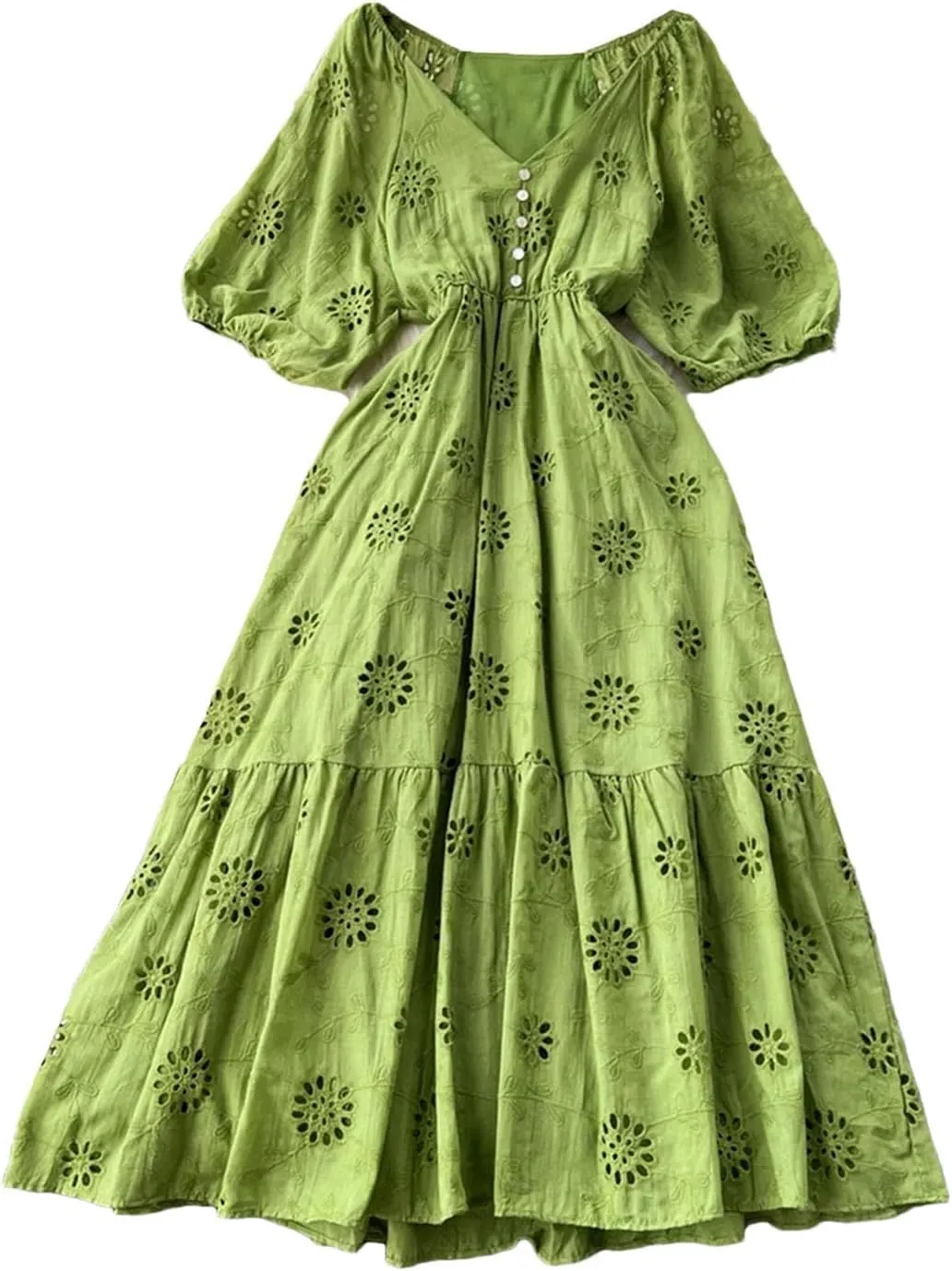 Women's Long Dress Classic Embroidery V-Neck Hollow-Out Solid Buttons Decoration Slim Vestidos
