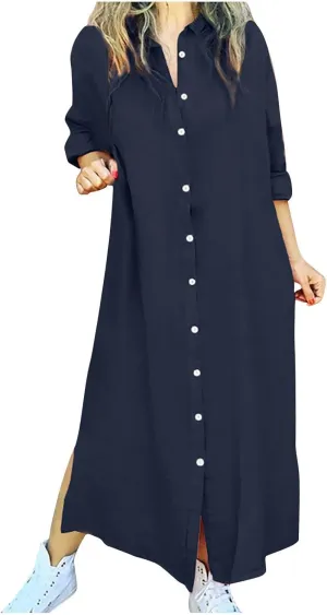 Women's Long Sleeve Bohemian Cotton Linen Dresses, 2025 Casual Button Down Shirt Loose Maxi Long Vacation Sundress