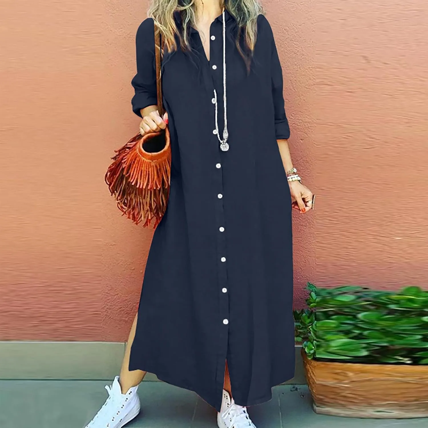 Women's Long Sleeve Bohemian Cotton Linen Dresses, 2025 Casual Button Down Shirt Loose Maxi Long Vacation Sundress