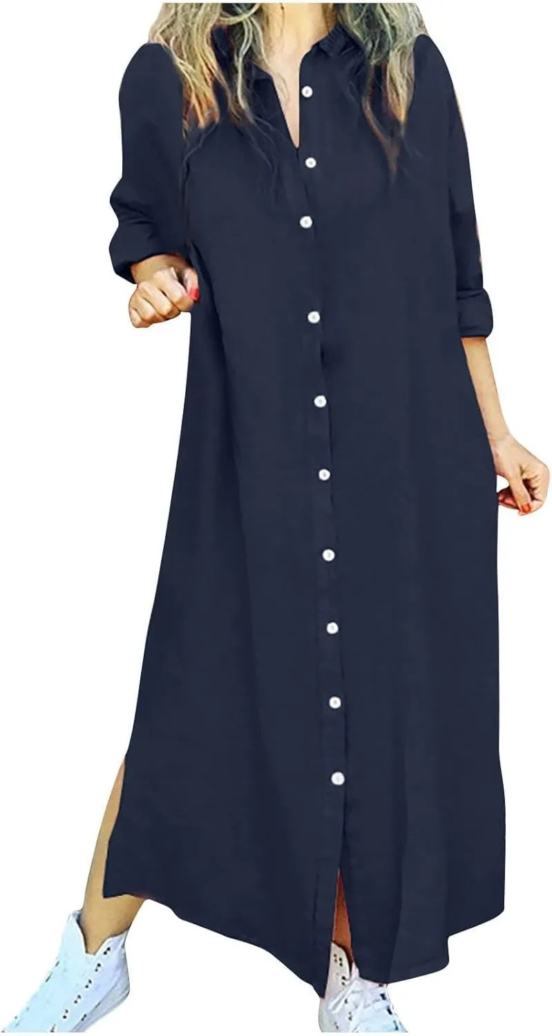 Women's Long Sleeve Bohemian Cotton Linen Dresses, 2025 Casual Button Down Shirt Loose Maxi Long Vacation Sundress
