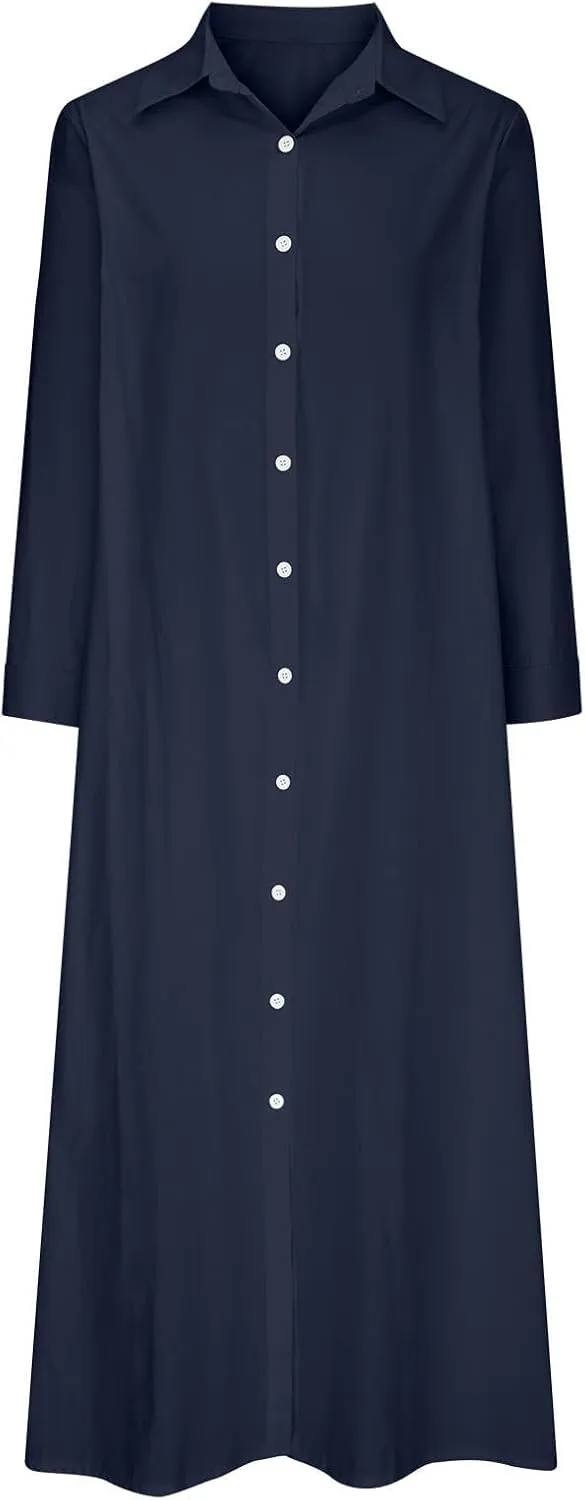 Women's Long Sleeve Bohemian Cotton Linen Dresses, 2025 Casual Button Down Shirt Loose Maxi Long Vacation Sundress