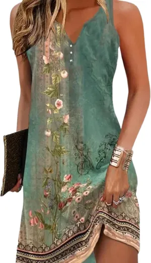 Women's Mini Dress Green V Neck Sleeveless Printed Charming Stunning 2025 Summer Spring Resort Beach Dress