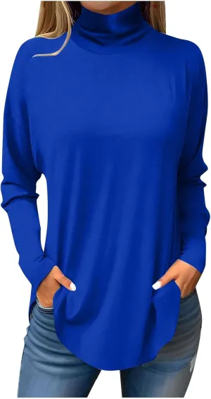 Womens Oversized Long Sleeve Turtleneck Shirt Trendy Mock Turtle Neck Curved Hem Tops Going Out Sports Casual Blouses