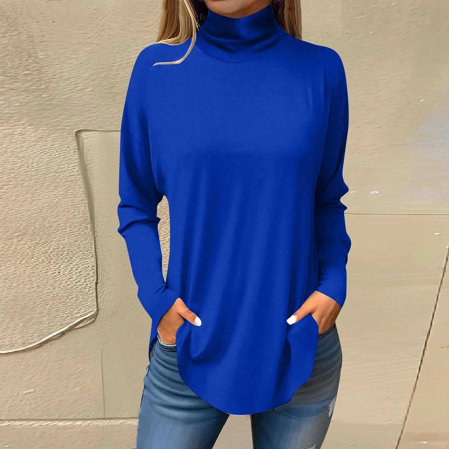 Womens Oversized Long Sleeve Turtleneck Shirt Trendy Mock Turtle Neck Curved Hem Tops Going Out Sports Casual Blouses