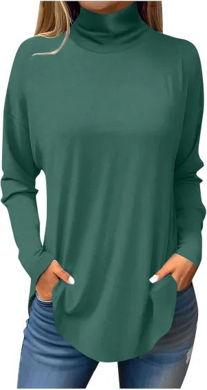 Womens Oversized Long Sleeve Turtleneck Shirt Trendy Mock Turtle Neck Curved Hem Tops Going Out Sports Casual Blouses