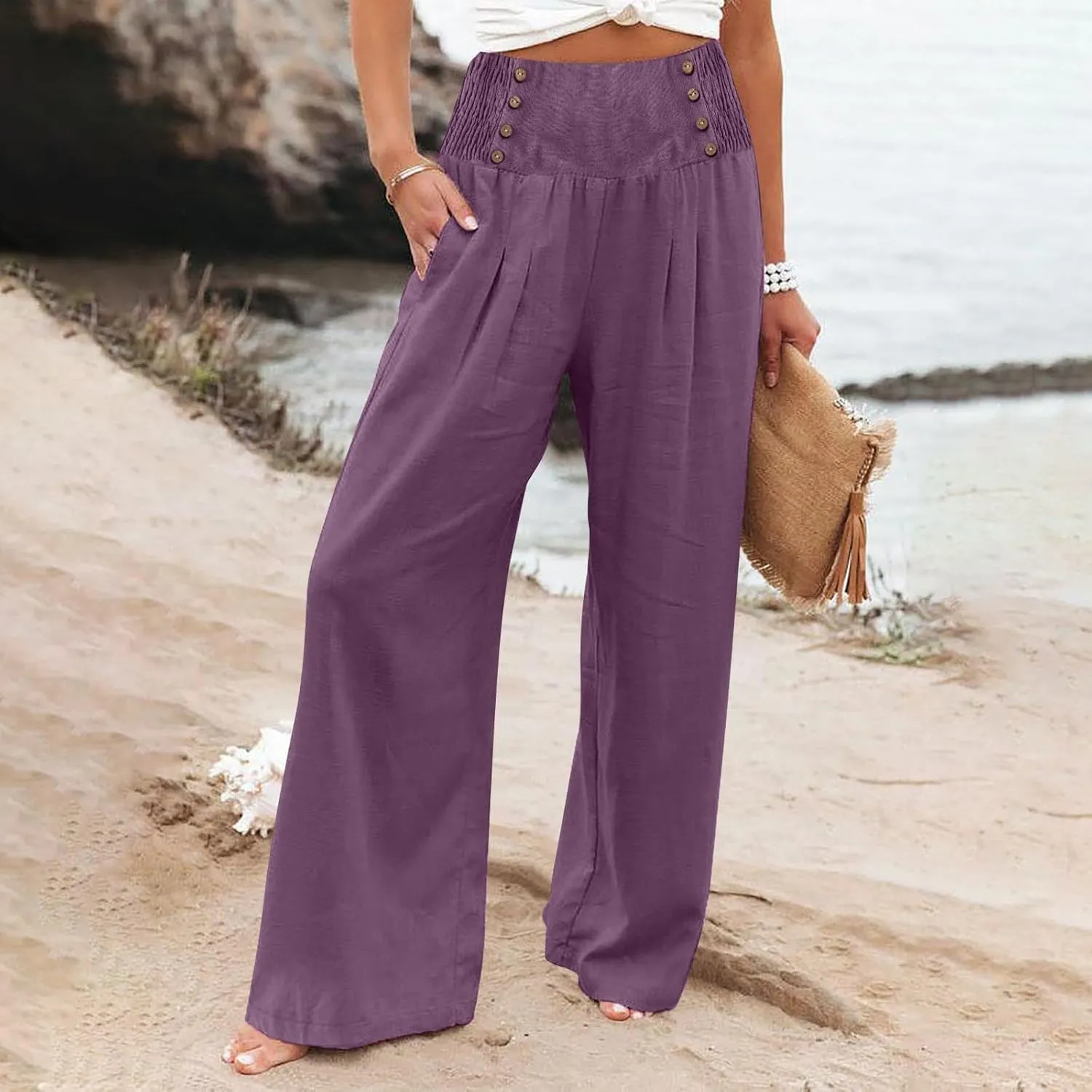 Womens Palazzo Pants Dressy Casual 2024 High Waisted Wide Leg Paperbag Lounge Pants Button Decor Flowy Beach Trousers