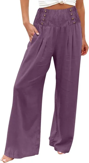 Womens Palazzo Pants Dressy Casual 2024 High Waisted Wide Leg Paperbag Lounge Pants Button Decor Flowy Beach Trousers