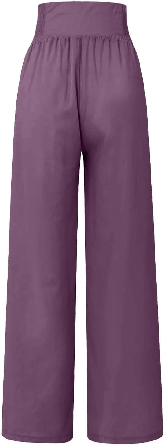 Womens Palazzo Pants Dressy Casual 2024 High Waisted Wide Leg Paperbag Lounge Pants Button Decor Flowy Beach Trousers