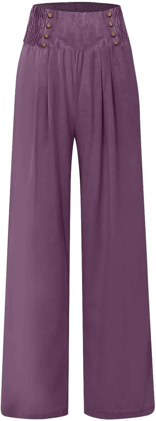Womens Palazzo Pants Dressy Casual 2024 High Waisted Wide Leg Paperbag Lounge Pants Button Decor Flowy Beach Trousers