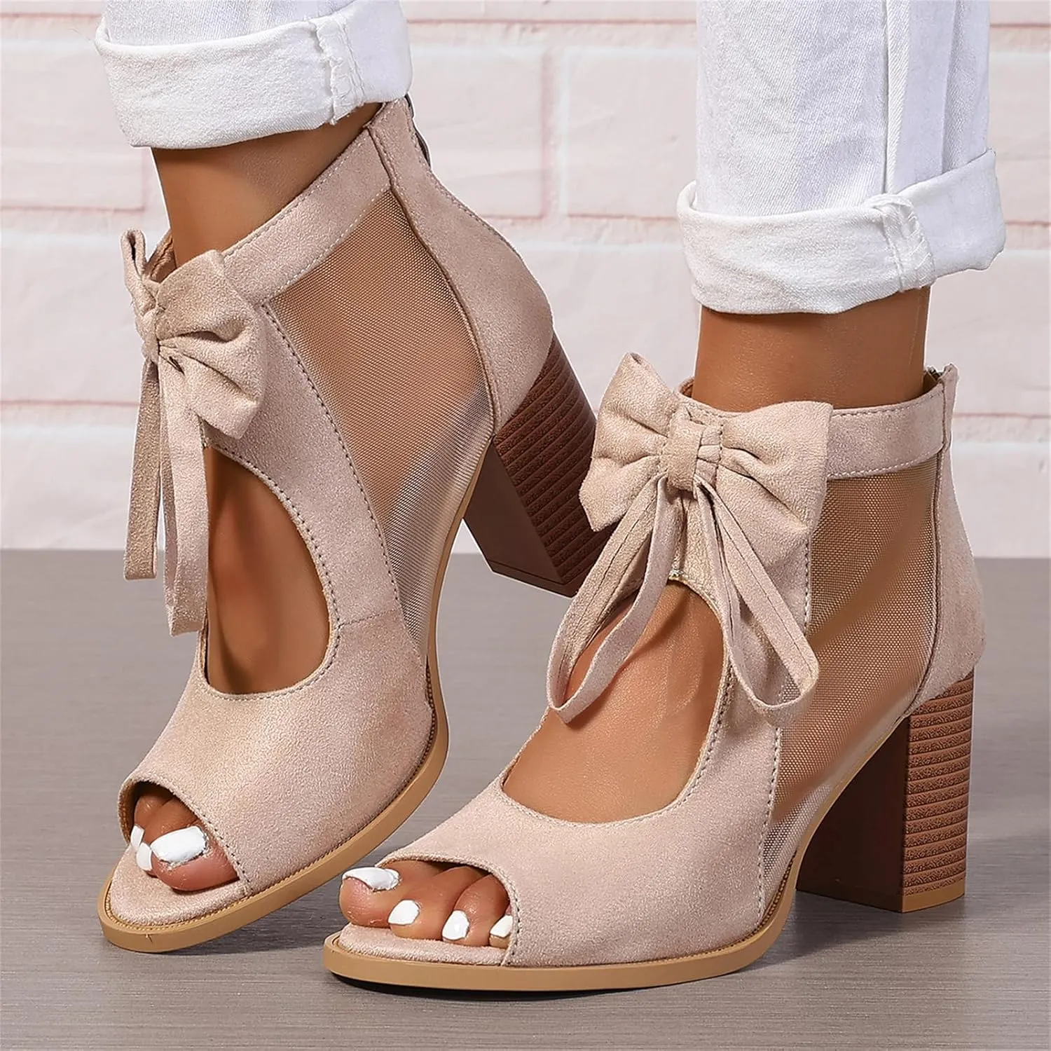 Women's Peep Toe Cutout Sandals Bowknot Mesh Chunky High Heel Sandals Back Zipper Wedding Party Dressy Ankle Booties
