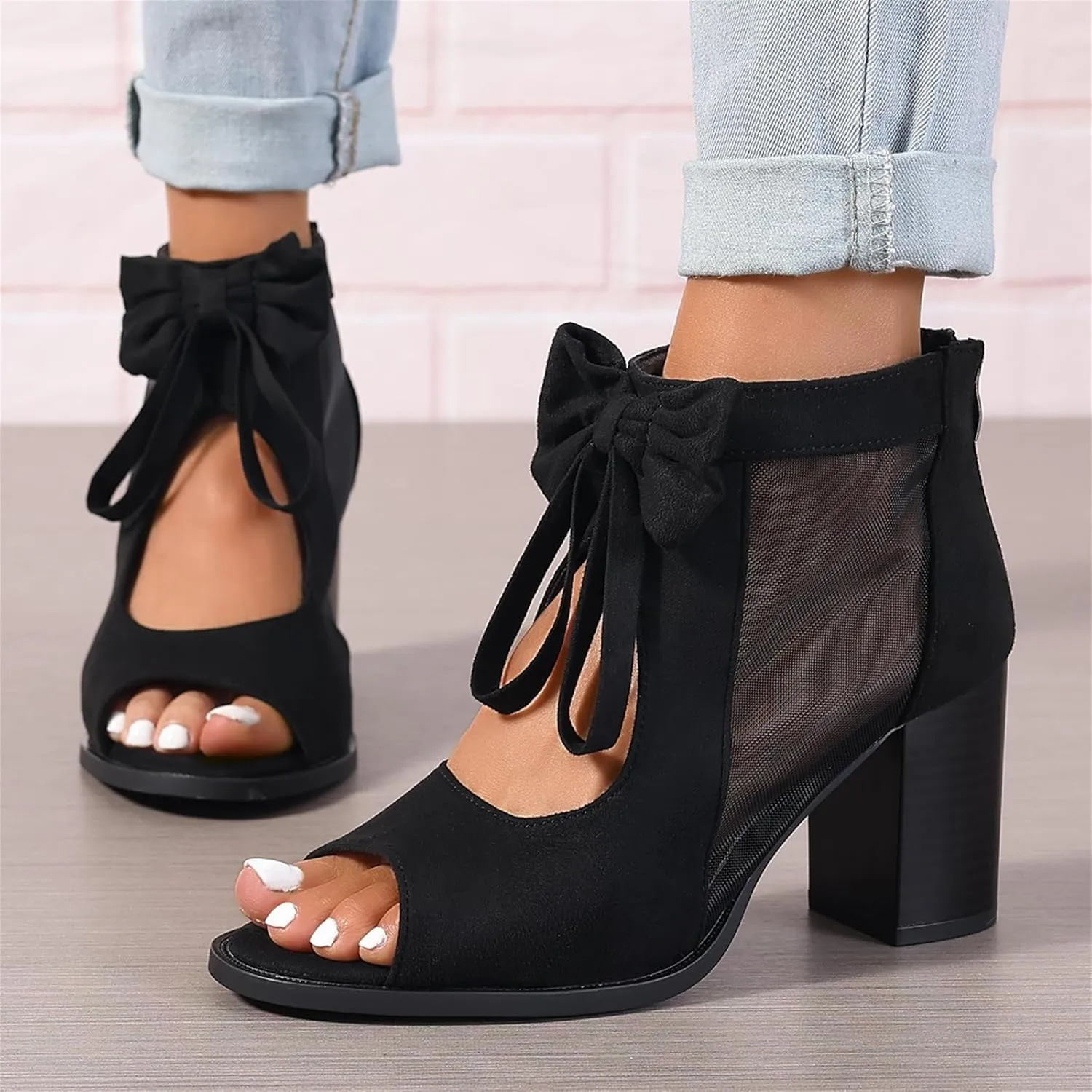 Women's Peep Toe Cutout Sandals Bowknot Mesh Chunky High Heel Sandals Back Zipper Wedding Party Dressy Ankle Booties