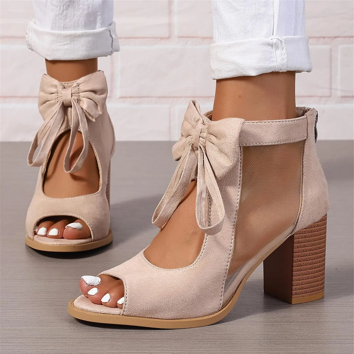 Women's Peep Toe Cutout Sandals Bowknot Mesh Chunky High Heel Sandals Back Zipper Wedding Party Dressy Ankle Booties