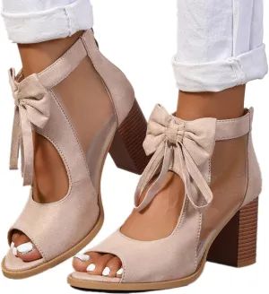 Women's Peep Toe Cutout Sandals Bowknot Mesh Chunky High Heel Sandals Back Zipper Wedding Party Dressy Ankle Booties