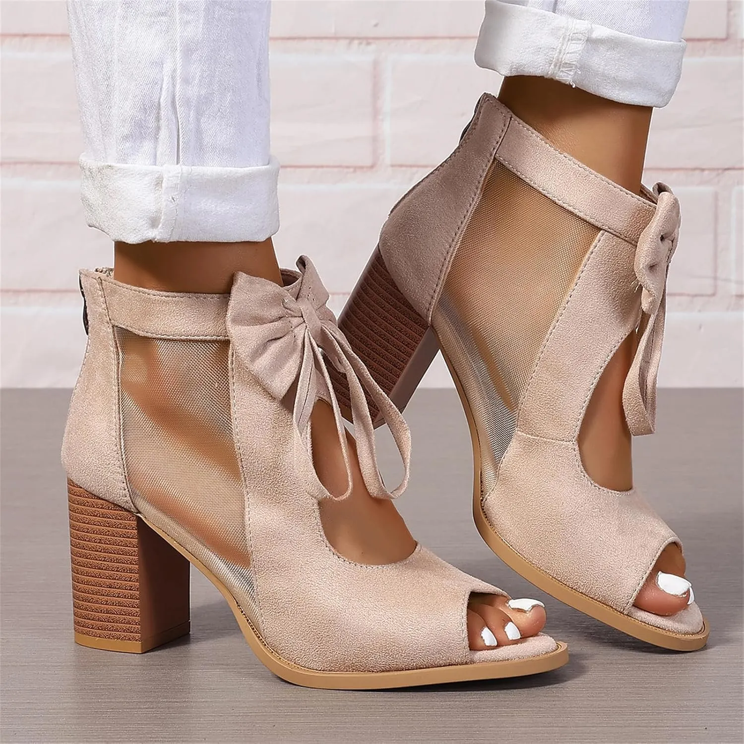 Women's Peep Toe Cutout Sandals Bowknot Mesh Chunky High Heel Sandals Back Zipper Wedding Party Dressy Ankle Booties