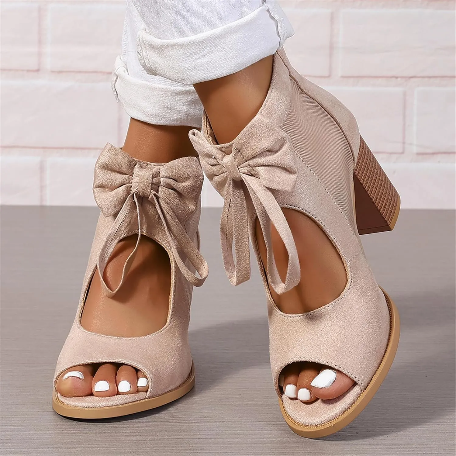 Women's Peep Toe Cutout Sandals Bowknot Mesh Chunky High Heel Sandals Back Zipper Wedding Party Dressy Ankle Booties