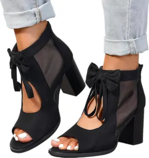 Women's Peep Toe Cutout Sandals Bowknot Mesh Chunky High Heel Sandals Back Zipper Wedding Party Dressy Ankle Booties