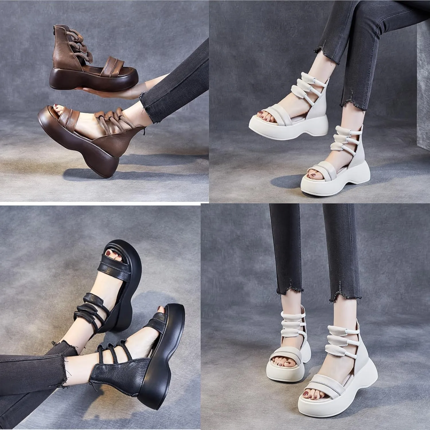 Women's Platform High Top Gladiator Sandals with Adjustable Zipper,Comfortable Soft Sole Breathable Open Toe Cage Style RomanSandals