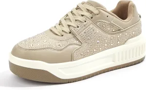 Women's Platform Sneakers Sparkle Rhinestone Chunky Shoes Leather Low Top Lace Up Walking Shoes