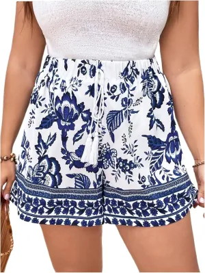 Women's Plus Size Boho Shorts Floral Tie Front Short High Waisted Wide Leg Summer Vacation Shorts
