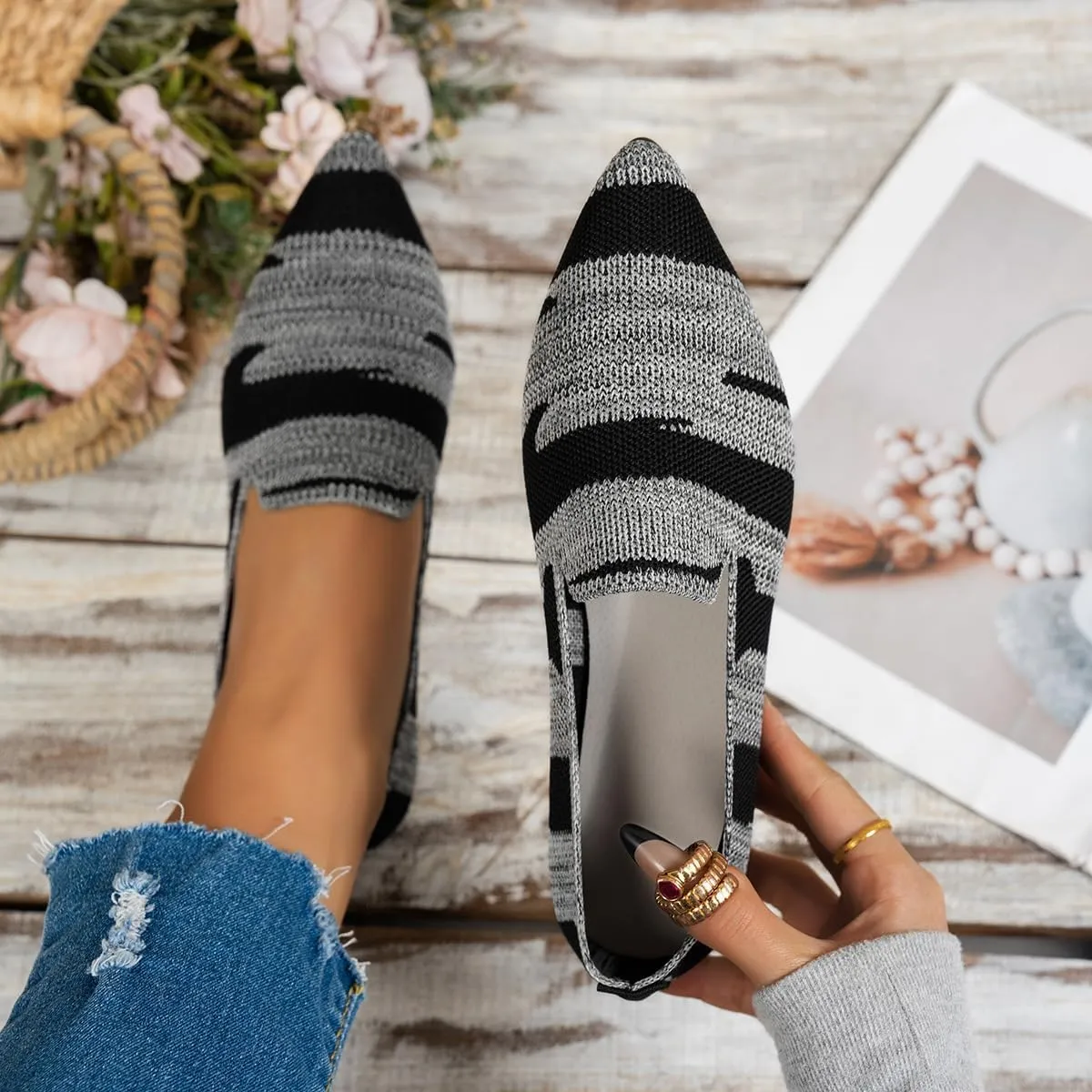 Women's Pointed Shoes Flat Shoes Woven Breathable Open Back Comfort Casual Formal Daily Wear Shoes