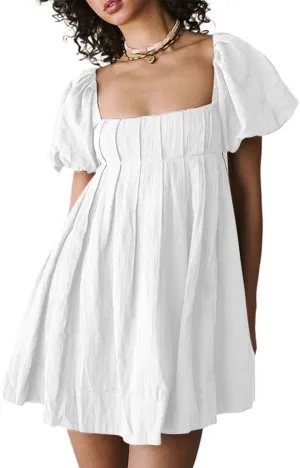 Womens Puffy Sleeve Tie Back Mini Dress Babydoll Ruffle A Line Smocked Cottagecore Y2k Beach Vacation Boho Sundress