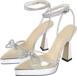 Women's Rhinestone Chunky Heel Platform Sandals Glitter Bowknots Pointed Toe Ankle Strap Stiletto Satin Pumps