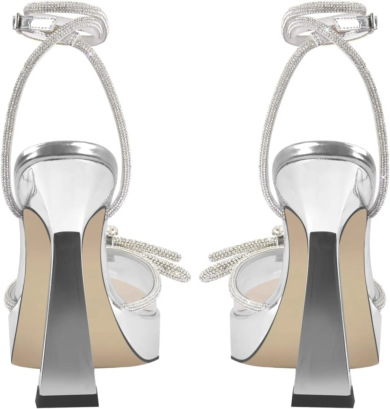 Women's Rhinestone Chunky Heel Platform Sandals Glitter Bowknots Pointed Toe Ankle Strap Stiletto Satin Pumps