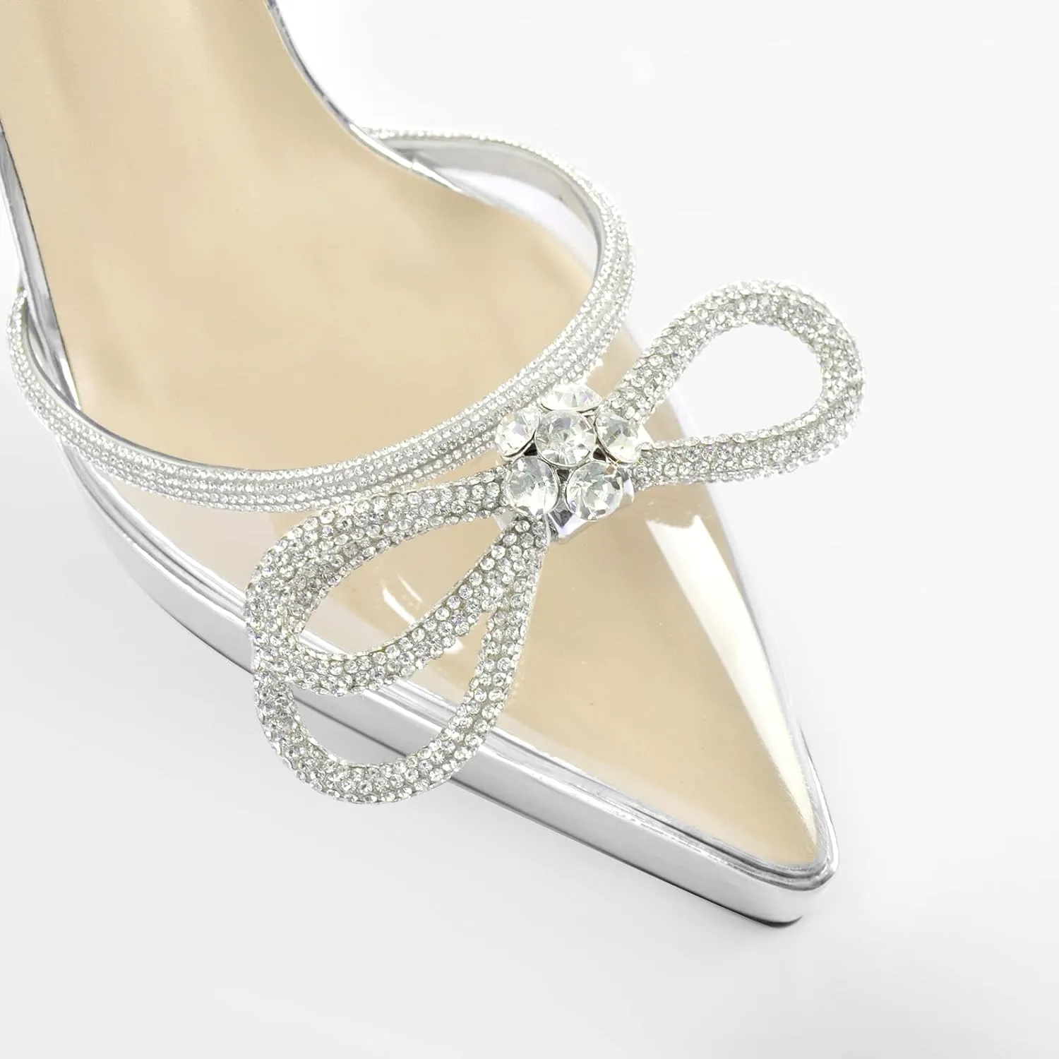 Women's Rhinestone Chunky Heel Platform Sandals Glitter Bowknots Pointed Toe Ankle Strap Stiletto Satin Pumps