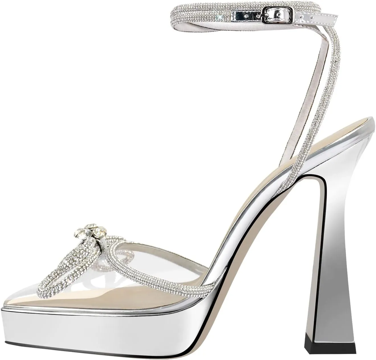 Women's Rhinestone Chunky Heel Platform Sandals Glitter Bowknots Pointed Toe Ankle Strap Stiletto Satin Pumps