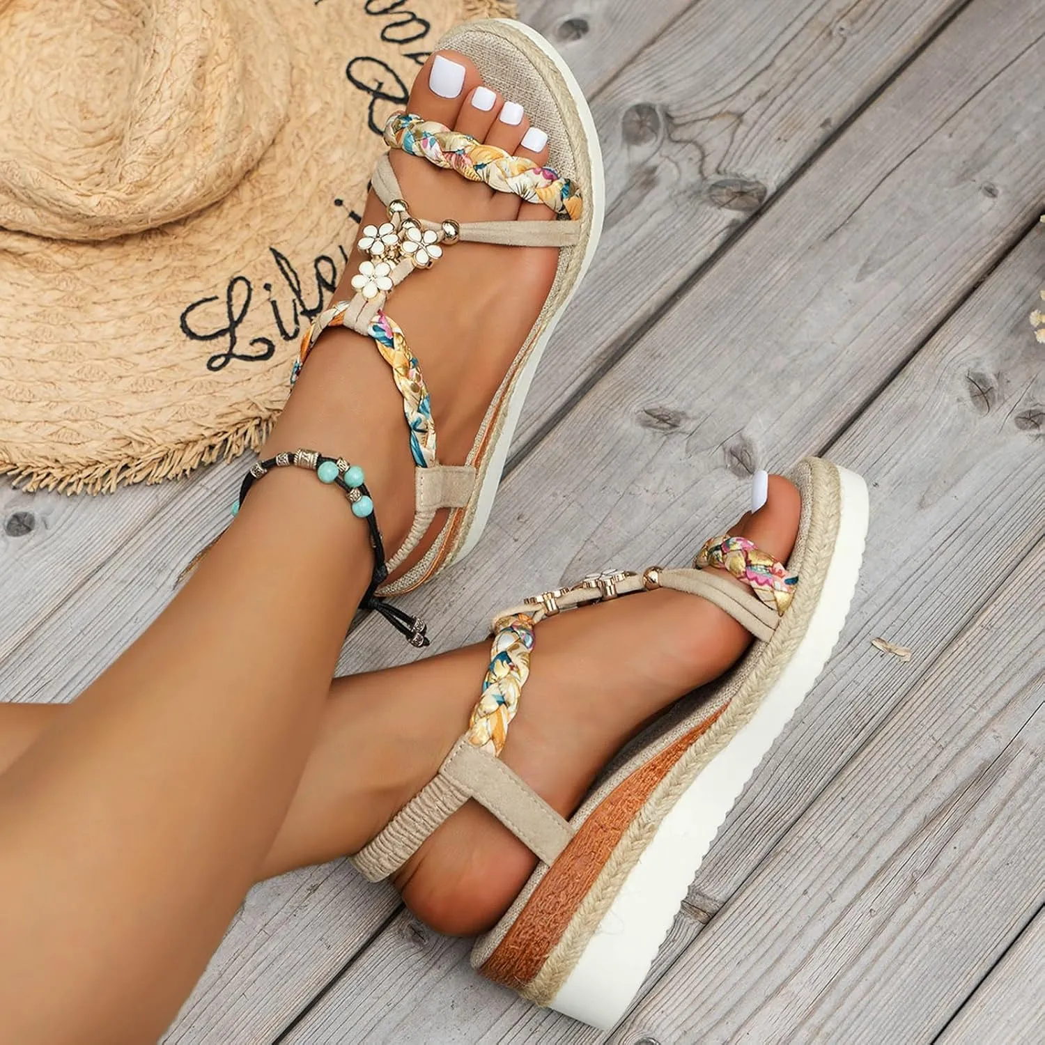 Women's Rhinestone Open Toe High Heel Roman Summer Platform Sandals Summer Low Wedges Comfortable Open Toe Sandals Elastic Ankle Strap Beach Walking Sandals