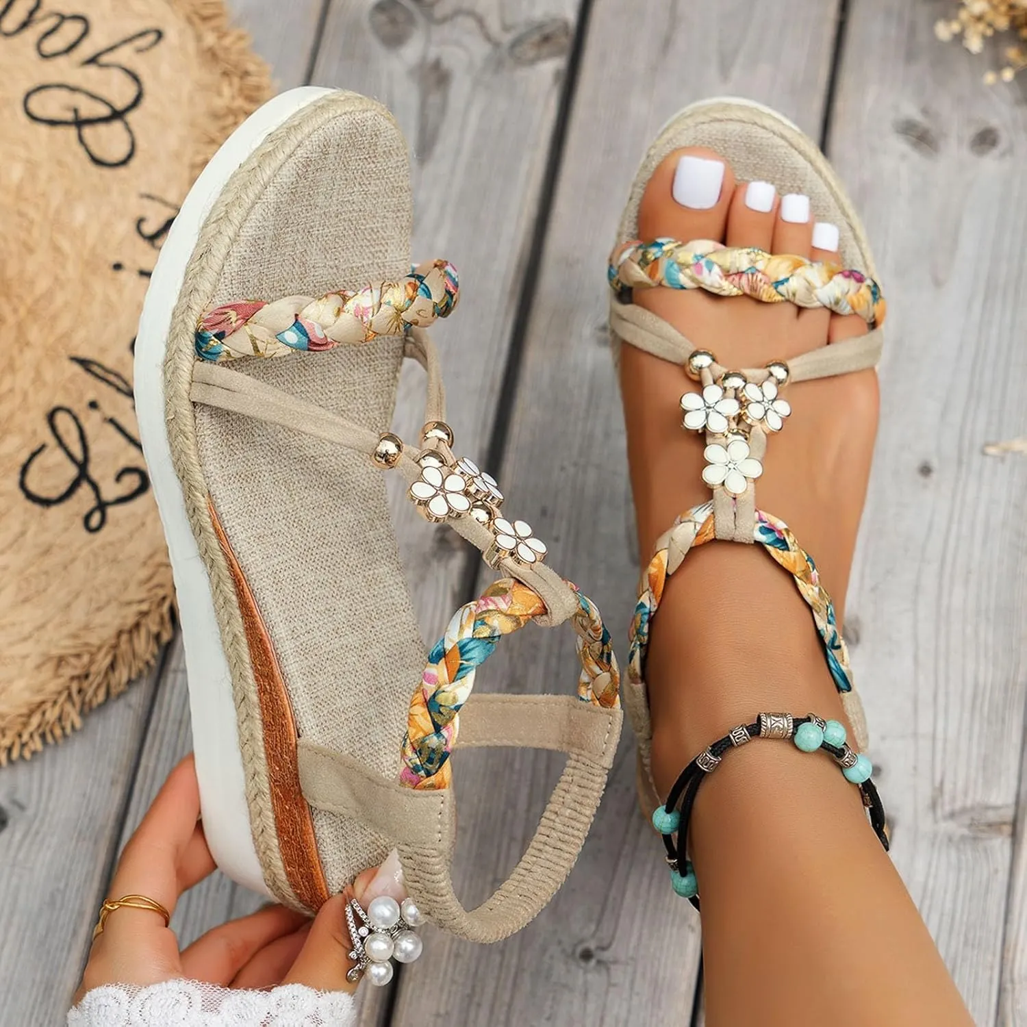 Women's Rhinestone Open Toe High Heel Roman Summer Platform Sandals Summer Low Wedges Comfortable Open Toe Sandals Elastic Ankle Strap Beach Walking Sandals
