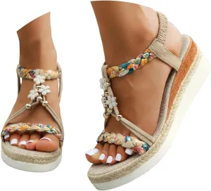 Women's Rhinestone Open Toe High Heel Roman Summer Platform Sandals Summer Low Wedges Comfortable Open Toe Sandals Elastic Ankle Strap Beach Walking Sandals