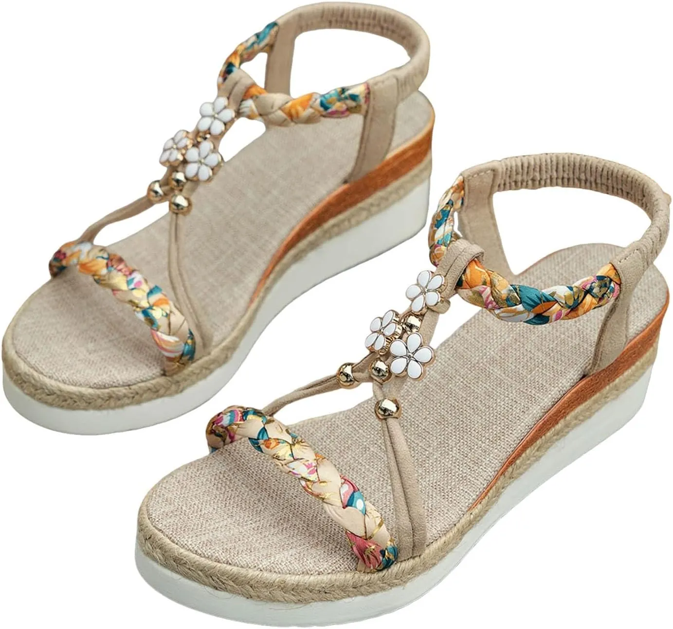Women's Rhinestone Open Toe High Heel Roman Summer Platform Sandals Summer Low Wedges Comfortable Open Toe Sandals Elastic Ankle Strap Beach Walking Sandals