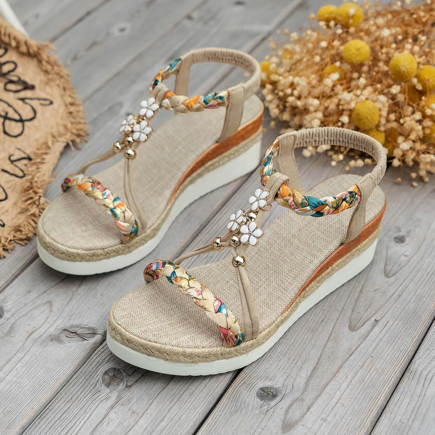 Women's Rhinestone Open Toe High Heel Roman Summer Platform Sandals Summer Low Wedges Comfortable Open Toe Sandals Elastic Ankle Strap Beach Walking Sandals