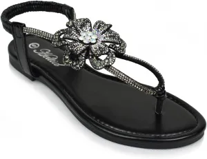 Women's Rhinestone Thong Flat Sandals T-Strap Flower Boho Wedding Dressy Sandals