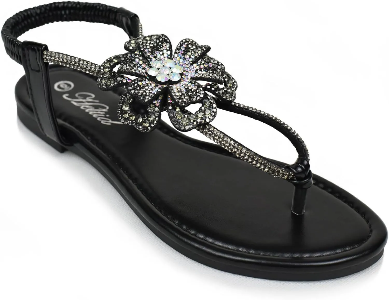 Women's Rhinestone Thong Flat Sandals T-Strap Flower Boho Wedding Dressy Sandals