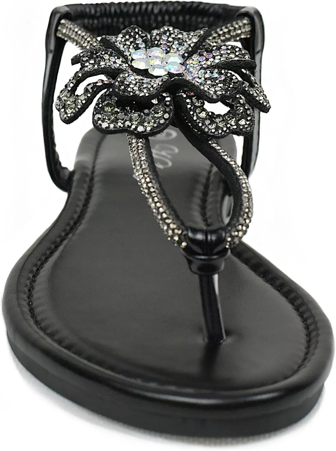 Women's Rhinestone Thong Flat Sandals T-Strap Flower Boho Wedding Dressy Sandals