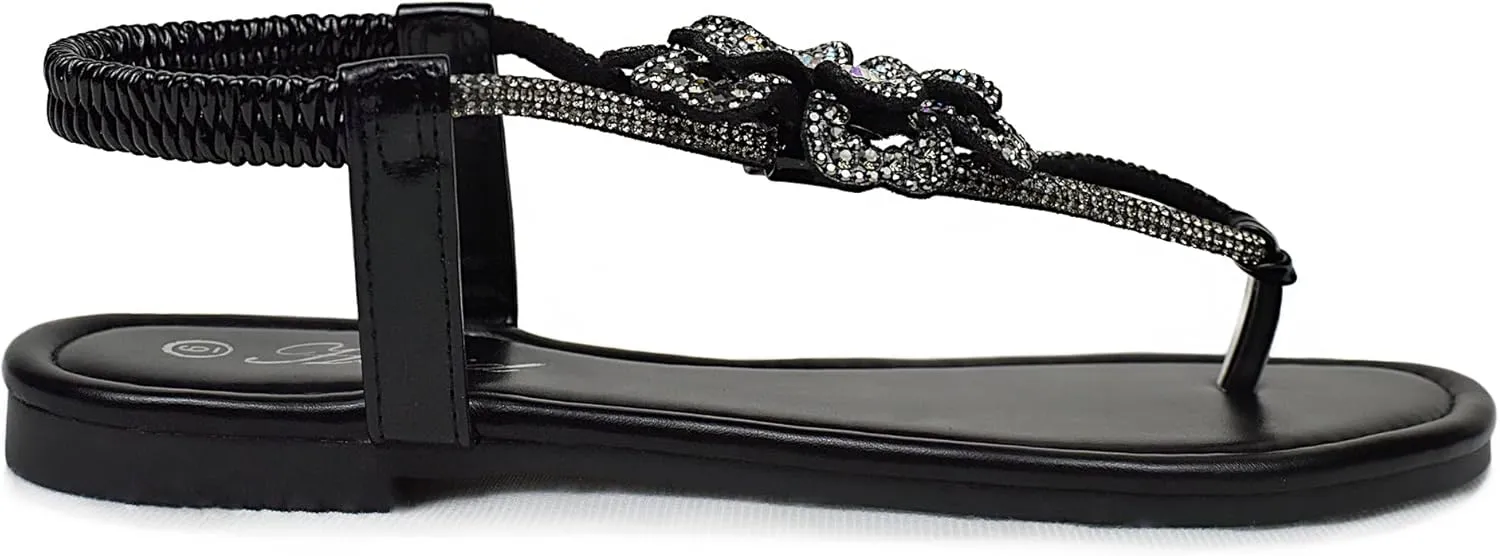 Women's Rhinestone Thong Flat Sandals T-Strap Flower Boho Wedding Dressy Sandals