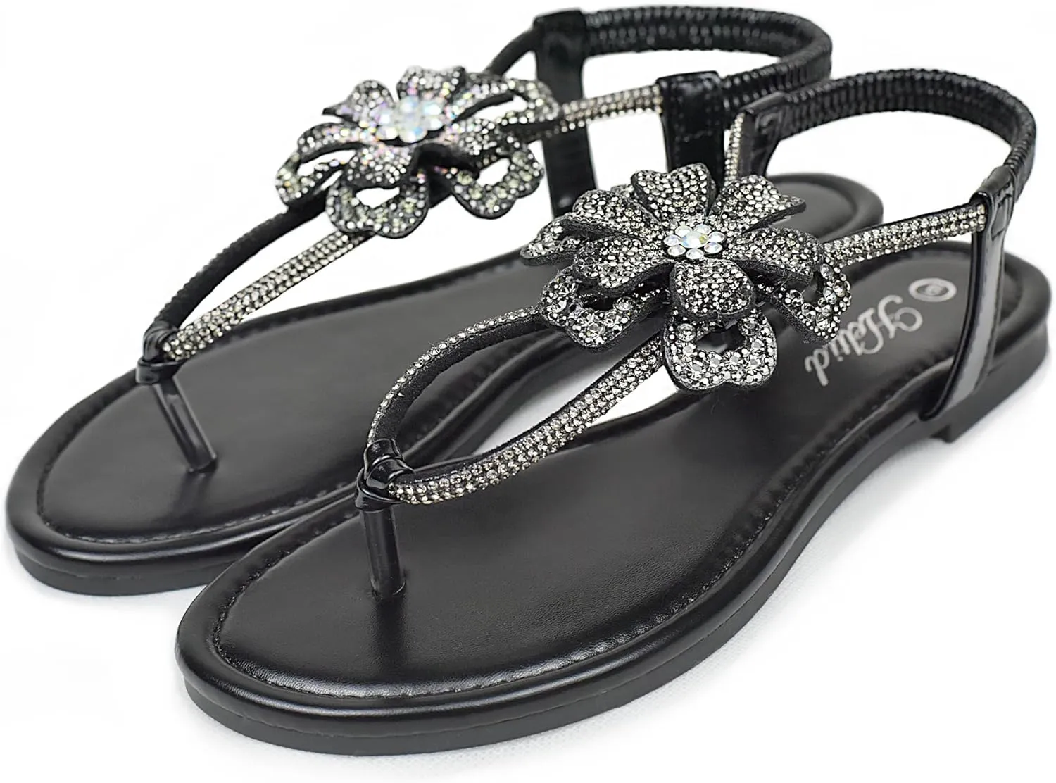 Women's Rhinestone Thong Flat Sandals T-Strap Flower Boho Wedding Dressy Sandals