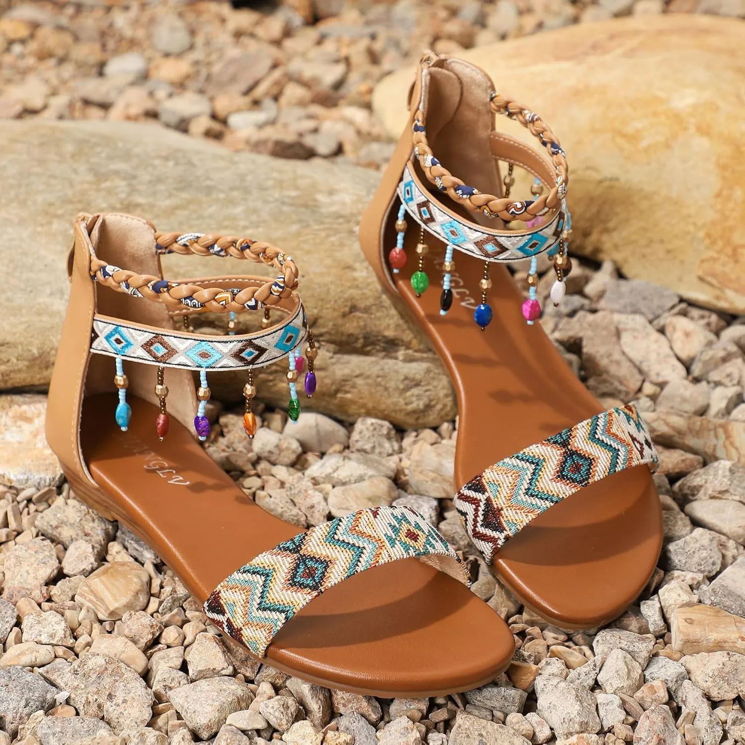 Womens Rhinestones Beaded Gladiator Sandals Summer Casual Comfortable Shoes Zip Back Flat Sandals with Ankle Strap