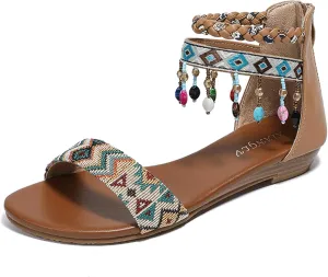Womens Rhinestones Beaded Gladiator Sandals Summer Casual Comfortable Shoes Zip Back Flat Sandals with Ankle Strap