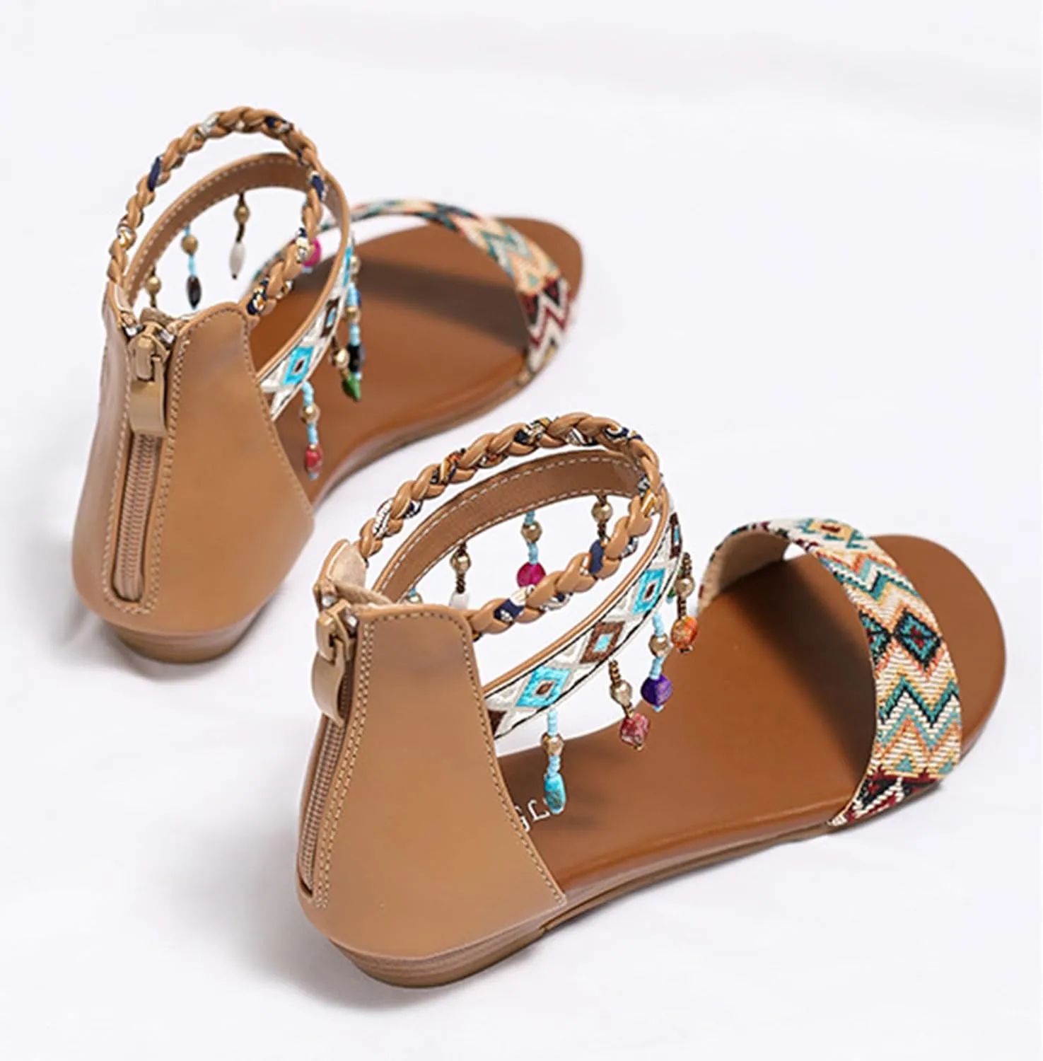 Womens Rhinestones Beaded Gladiator Sandals Summer Casual Comfortable Shoes Zip Back Flat Sandals with Ankle Strap