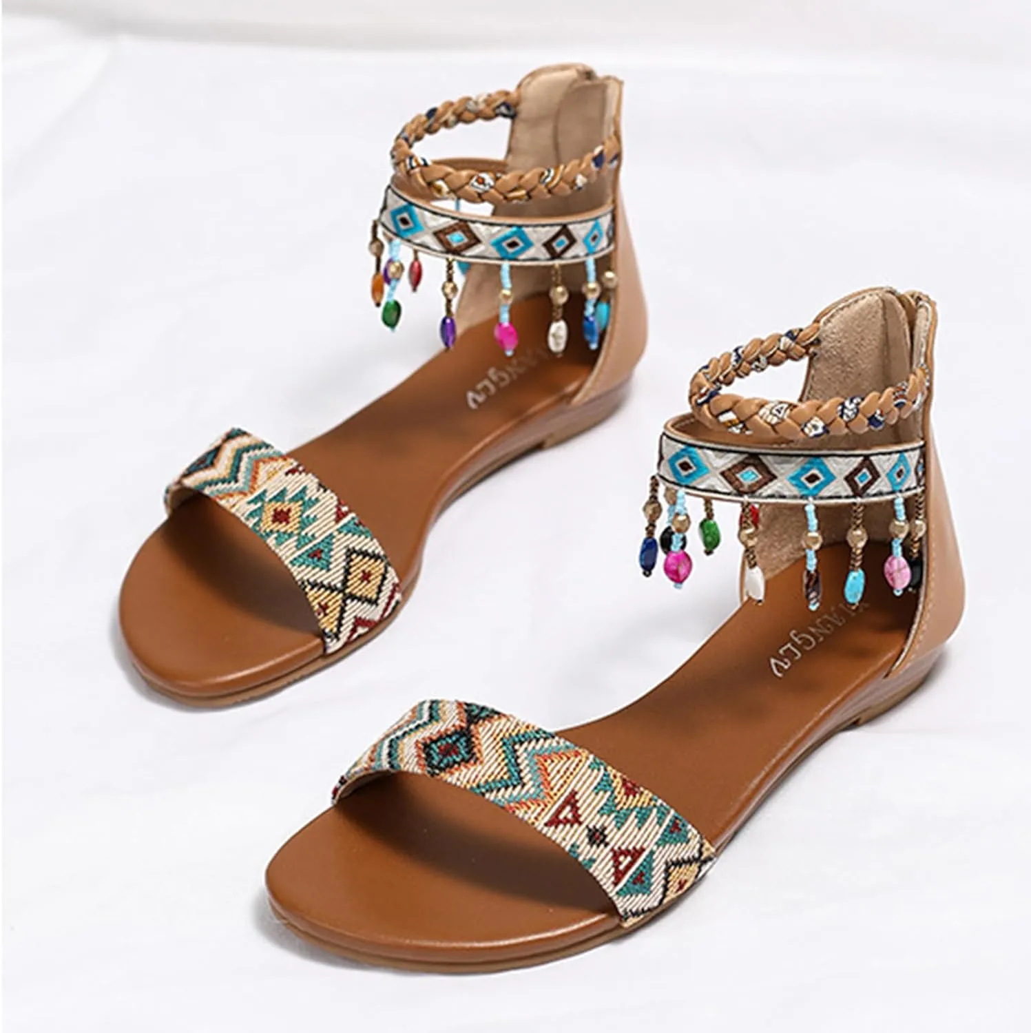 Womens Rhinestones Beaded Gladiator Sandals Summer Casual Comfortable Shoes Zip Back Flat Sandals with Ankle Strap