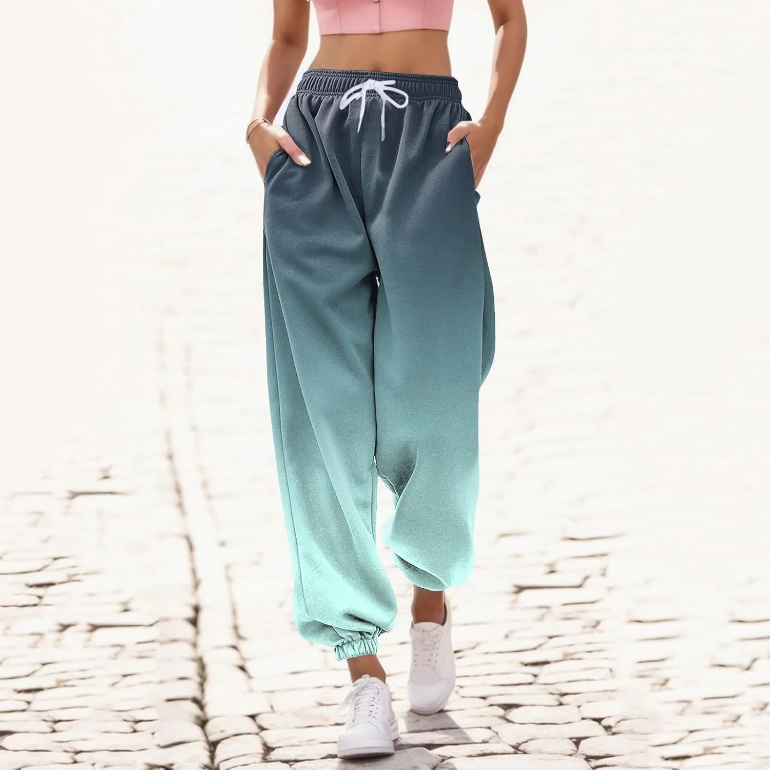 Womens Running Exercise Trousers Trendy High Waist Gradient Print Jogger Sweatpant Work Office High Waist Casual Pant