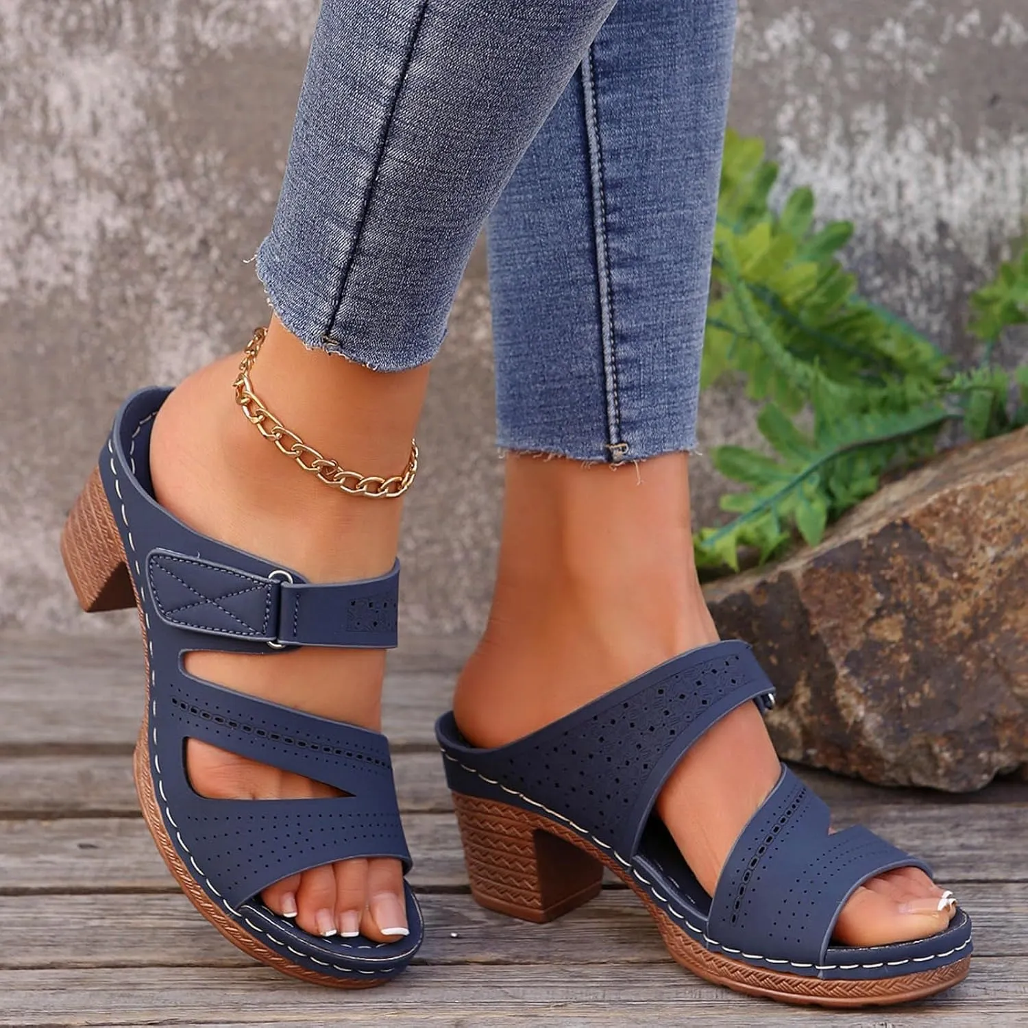 Women's Sandal Heels,Two Strap Open Toe Platform Slip-on Chunky Heels Sandals For Women Comfortable Walking Casual Dressy Summer Mules Shoes